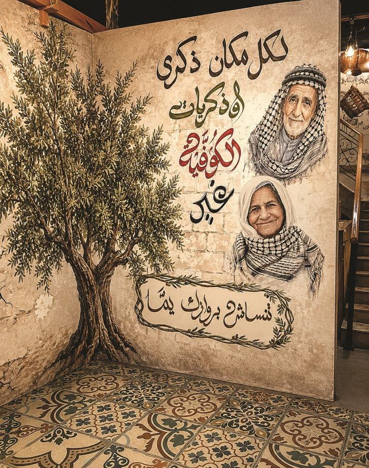 Restaurant wall mural with a painted olive tree, portraits of an elderly man and woman in keffiyehs, and hand-lettered Arabic calligraphy