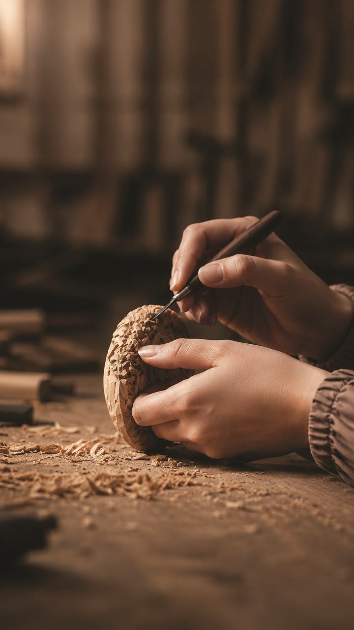 Hands engraving a piece of wood with a fine tool, wood shavings on the workbench
