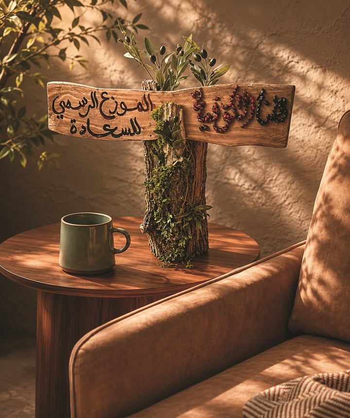 Wooden signpost on a moss-covered log with hand-lettered Arabic text, beside a coffee mug on a side table
