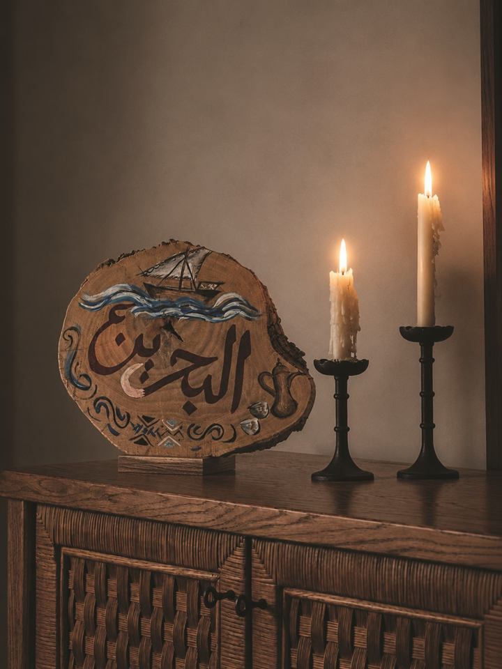 Round wood slice hand-lettered with البحرين and painted with a dhow and waves, beside two candles on a carved wooden sideboard