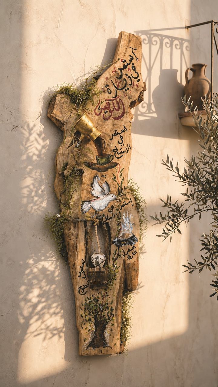 Tall driftwood wall panel with hand-lettered Arabic text, a painted dove, moss and a brass coffee pot