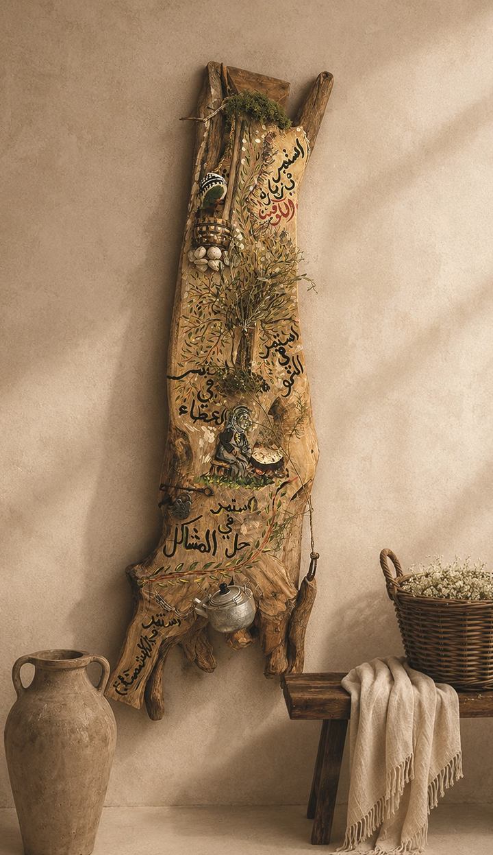 Tall driftwood panel with Arabic calligraphy, painted scenes, moss and a small teapot, leaning against a wall