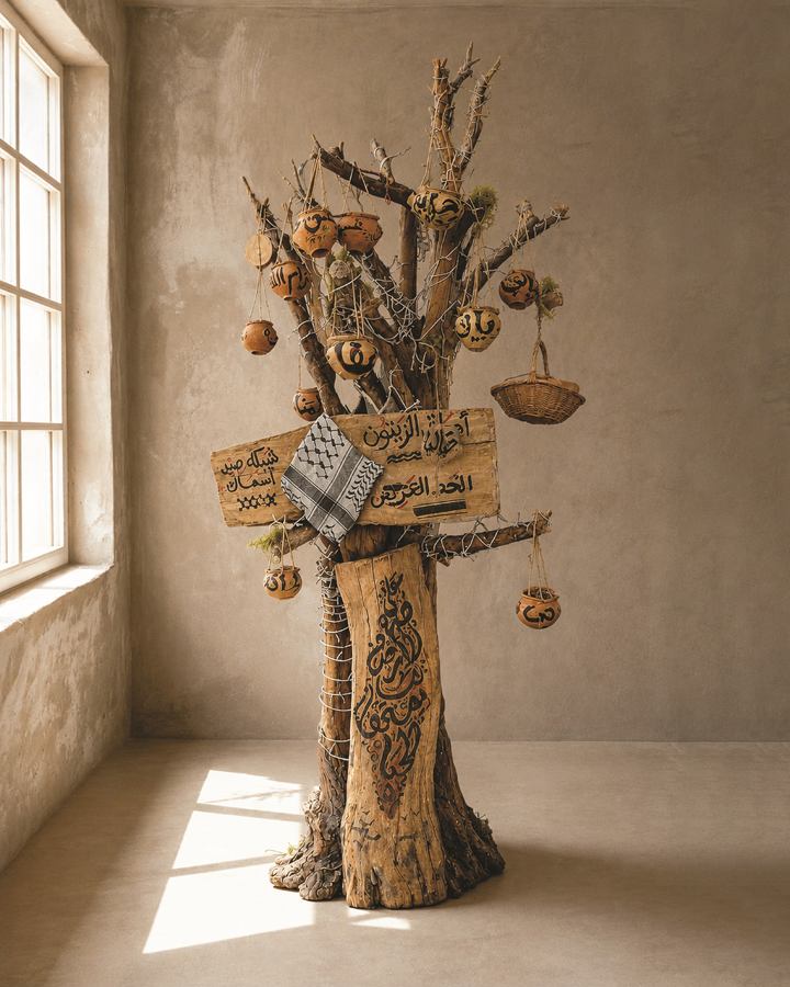 Sculptural tree-trunk installation with hanging engraved gourds, a hand-lettered wooden sign and a keffiyeh