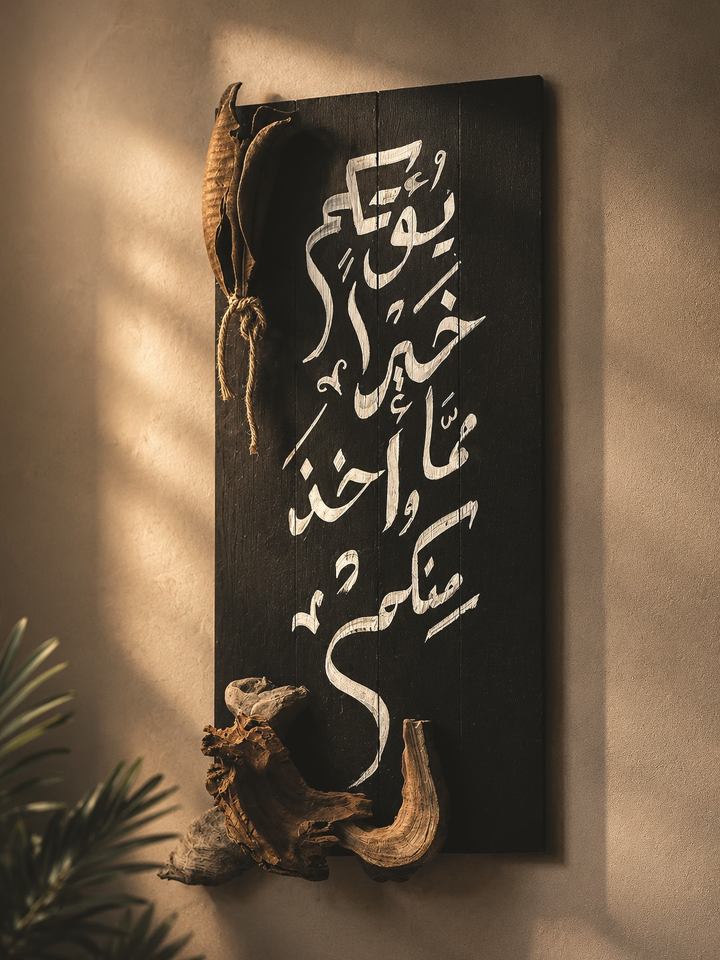 Tall black wooden panel hand-lettered with white Arabic calligraphy, finished with driftwood, in warm window light